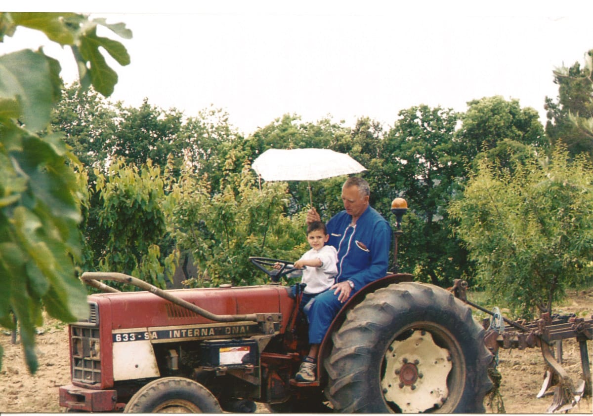 Homme et enfant assis sur un tracteur rouge dans un verger, entourés d'arbres.
